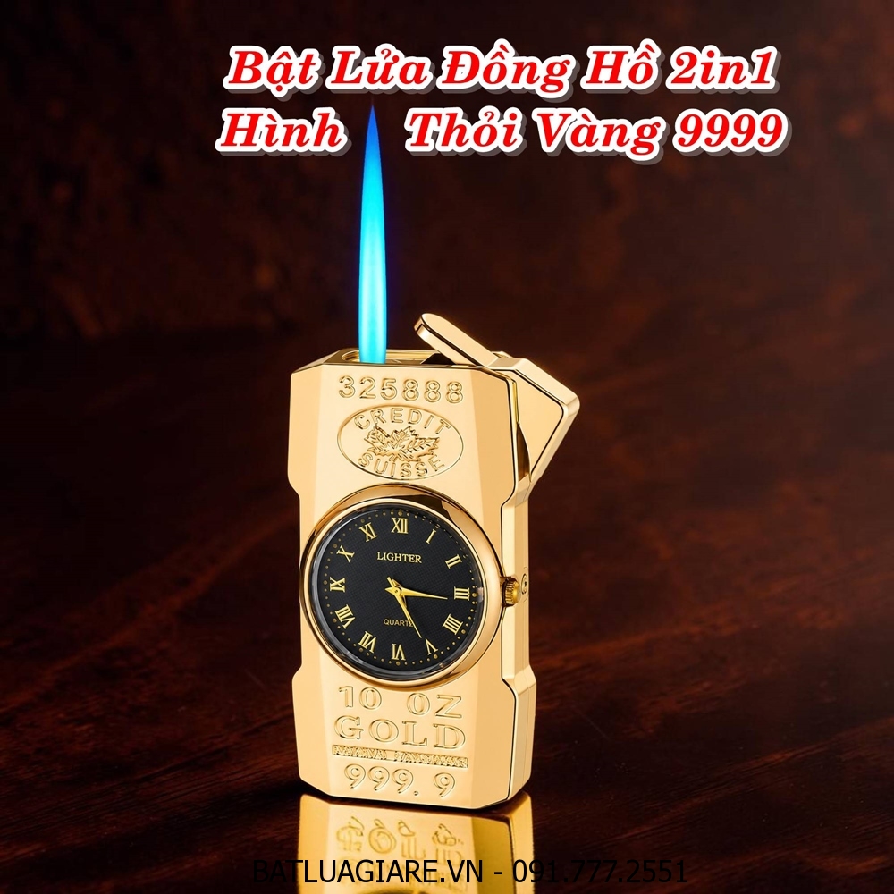 BẬT LỬA ĐỒNG HỒ 2IN1 HÌNH THỎI VÀNG 9999 - (XÀI GAS)