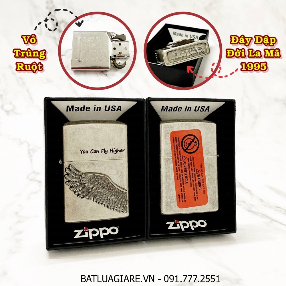 BẬT LỬA ZIPPO MỸ BẠC CỔ HÌNH NỔI CÁNH THIÊN THẦN - ĐỜI LA MÃ 1995 - RUỘT USA (CÓ TEM ĐỎ) - (XÀI XĂNG) #BẠC CỔ