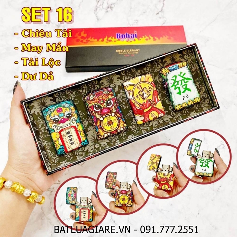 BỘ 4 BÂT LỬA ZIPPO SƠN TĨNH ĐIỆN 6 MẶT - PHIÊN BẢN NHẬT HÌNH KỲ LÂN CHIÊU TÀI  - (XÀI XĂNG) SET 16