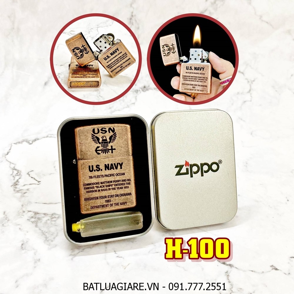 BẬT LỬA ZIPPO ĐỒNG CỔ U.S NAVY (HẢI QUÂN MỸ - HOA KỲ) (CÓ MỘC ĐÁY) - (HỘP THIẾC KÈM XĂNG) H-100