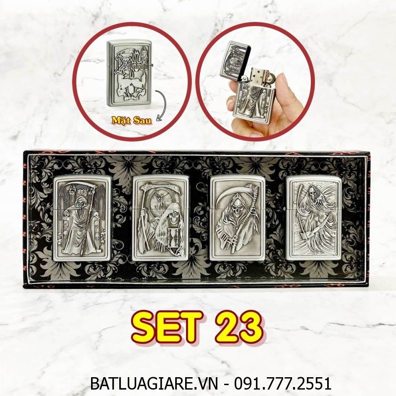 BỘ 4 BÂT LỬA ZIPPO TỬ THẦN 2 MẶT HÌNH NỔI - (XÀI XĂNG) SET #23