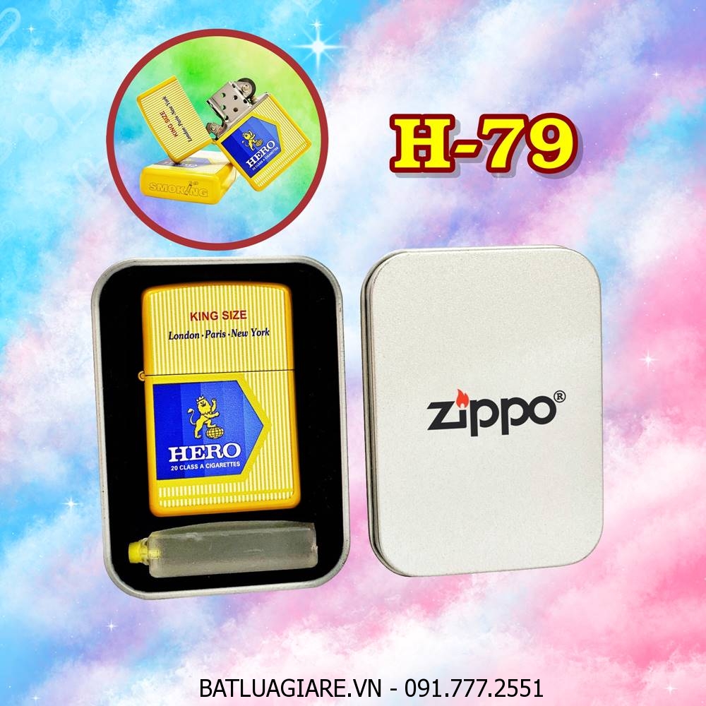 BẬT LỬA ZIPPO SƠN TĨNH ĐIỆN 2 MẶT HÌNH GÓI THUỐC LÁ HERO (HỘP THIẾC KÈM XĂNG) H-79