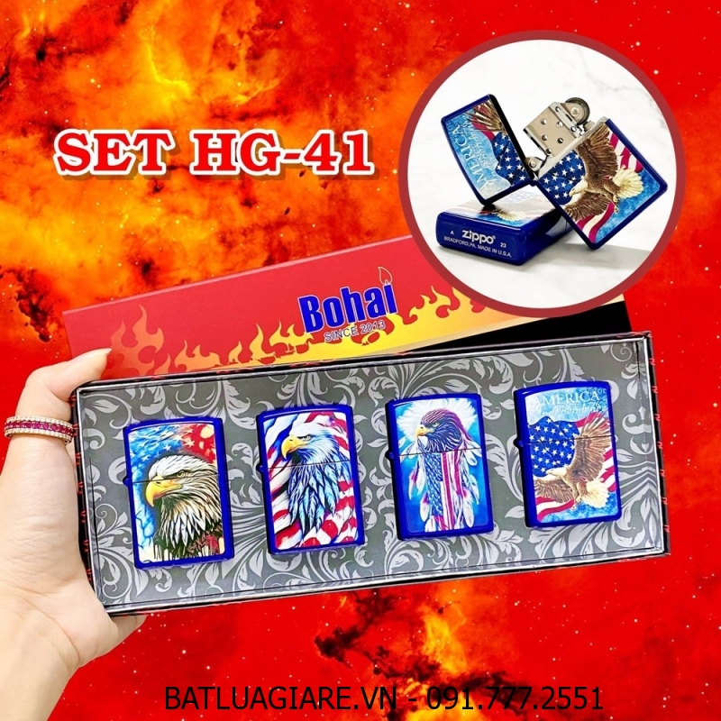 BỘ 4 BẬT LỬA ZIPPO SƠN TĨNH ĐIỆN 2 MẶT HÌNH ĐẠI BÀNG CỜ MỸ CÁC KIỂU (CÓ MỘC ĐÁY) (HỘP GIẤY) - (XÀI XĂNG) #SET HG-41