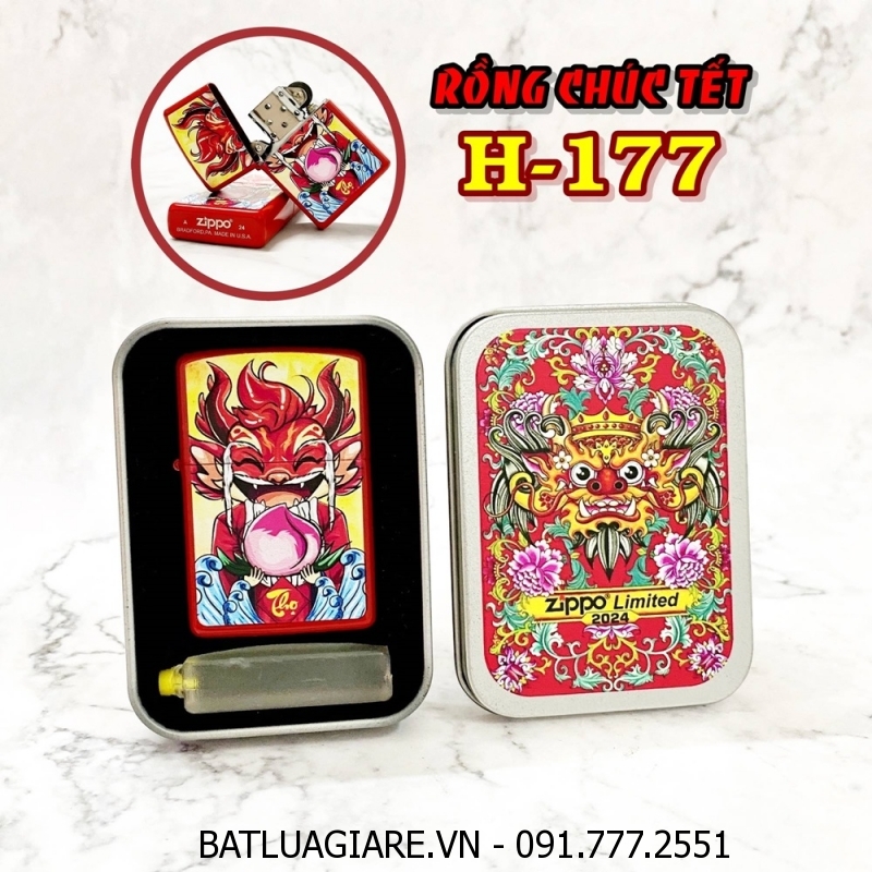 BẬT LỬA ZIPPO SƠN TĨNH ĐIỆN 2 MẶT HÌNH RỒNG CHÚC TẾT (CÓ MỘC ĐÁY) (HỘP THIẾC LIMITED) H-177