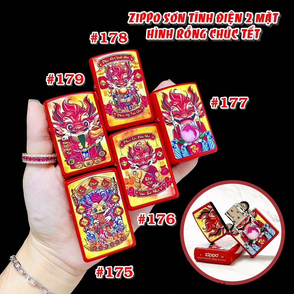 BẬT LỬA ZIPPO SƠN TĨNH ĐIỆN 2 MẶT HÌNH RỒNG CHÚC TẾT CÁC KIỂU (CÓ MỘC ĐÁY) - (XÀI XĂNG)