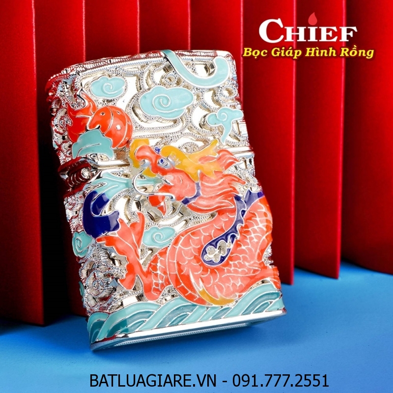 BẬT LỬA ZIPPO CHIEF BỌC GIÁP HÌNH RỒNG - DẠ QUANG HÚT ÁNH SÁNG (RUỘT BẠC) (FULLBOX) - (XÀI XĂNG) #BẠC