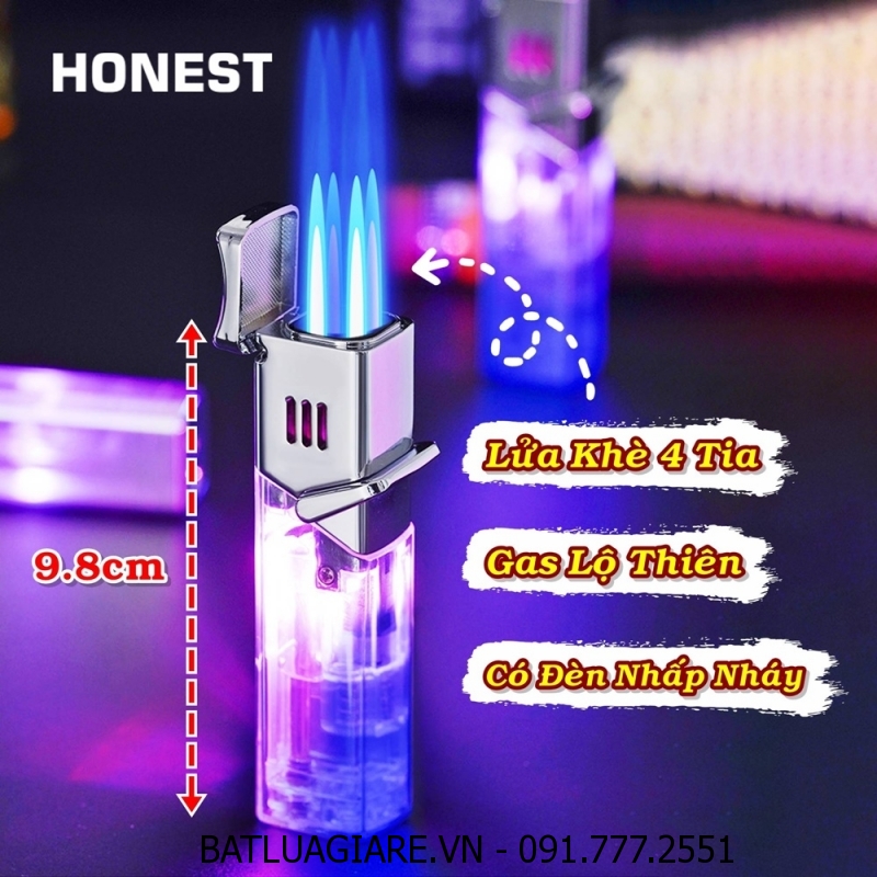 BẬT LỬA KHÈ 4 TIA GAS LỘ THIÊN HONEST 520 (CÓ ĐÈN LED NHẤP NHÁY) - (XÀI GAS)