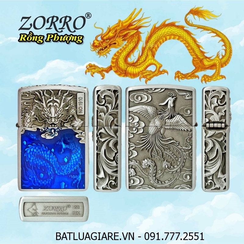 BẬT LỬA ZIPPO ZORRO HÌNH RỒNG PHƯỢNG DẬP NỔI 6 MẶT (FULLBOX) - (XÀI XĂNG) #BẠC