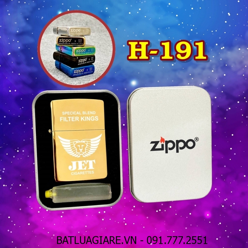 BẬT LỬA ZIPPO TRƠN BÓNG HÌNH GÓI THUỐC LÁ JET (CÓ MỘC ĐÁY) (HỘP THIẾC KÈM XĂNG) H-191 VÀNG