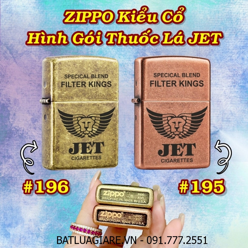 BẬT LỬA ZIPPO KIỂU CỔ HÌNH GÓI THUỐC LÁ JET (CÓ MỘC ĐÁY) - (XÀI XĂNG)