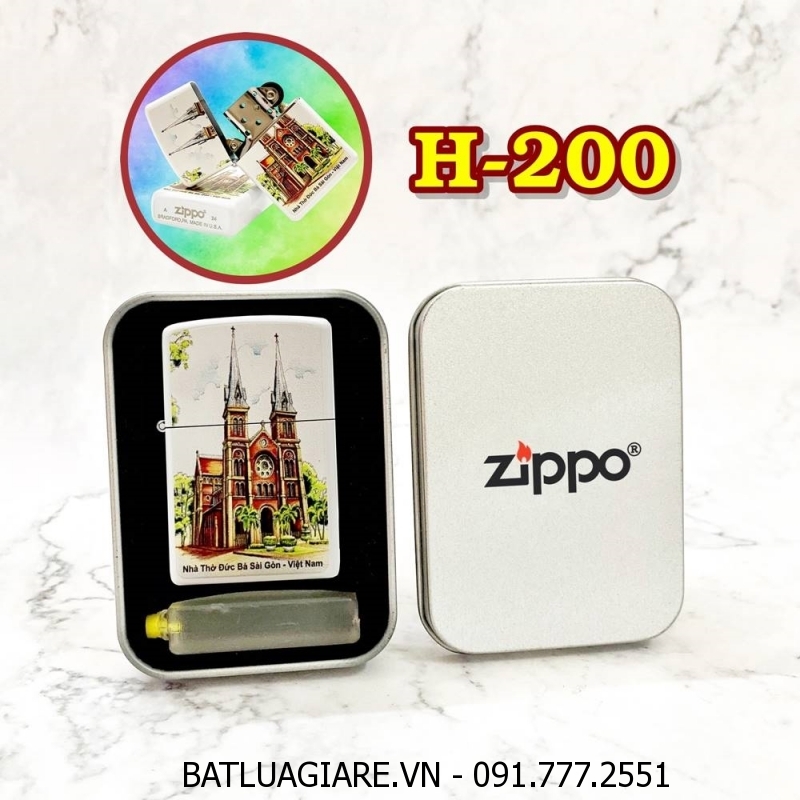 BẬT LỬA ZIPPO SƠN TĨNH ĐIỆN HÌNH NHÀ THỜ ĐỨC BÀ SÀI GÒN - VIỆT NAM (CÓ MỘC ĐÁY) (HỘP THIẾC KÈM XĂNG) H-200