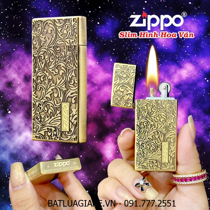 BẬT LỬA ZIPPO SLIM HÌNH HOA VĂN - (XÀI XĂNG)