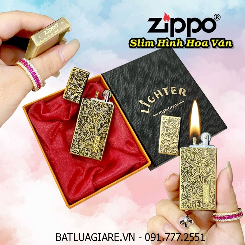 BẬT LỬA ZIPPO SLIM HÌNH HOA VĂN (CÓ HỘP) - (XÀI XĂNG)