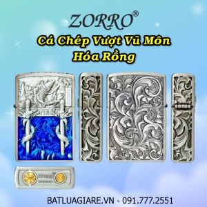 BẬT LỬA ZIPPO ZORRO HÌNH CÁ CHÉP VƯỢT VŨ MÔN HÓA RỒNG DẬP NỔI 6 MẶT (FULLBOX) - (XÀI XĂNG) #BẠC