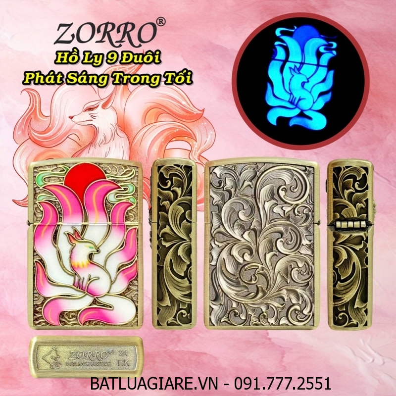 BẬT LỬA ZIPPO ZORRO HÌNH HỒ LY 9 ĐUÔI PHÁT SÁNG TRONG TỐI DẬP NỔI 6 MẶT (FULLBOX) - (XÀI XĂNG)