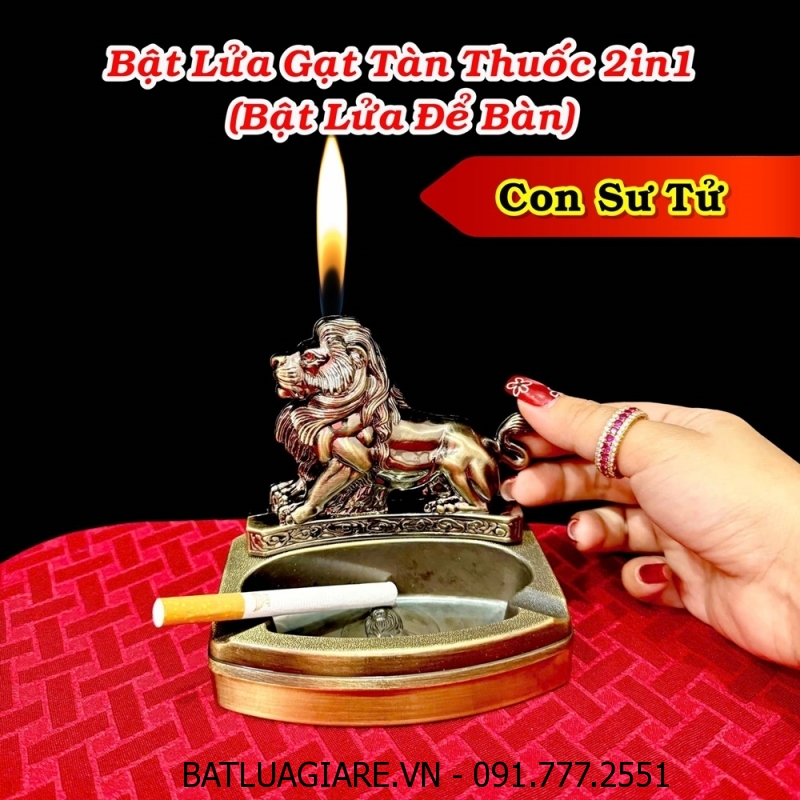 BẬT LỬA GẠT TÀN THUỐC 2IN1 HÌNH SƯ TỬ (BẬT LỬA ĐỂ BÀN) (FULLBOX) - (XÀI GAS)