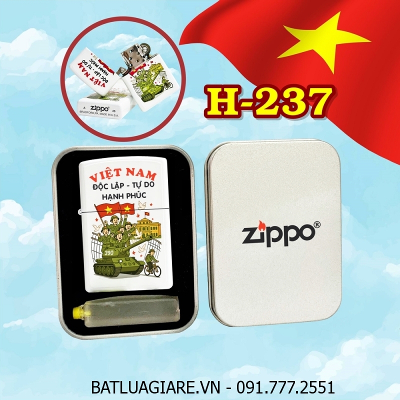 BẬT LỬA ZIPPO SƠN TĨNH ĐIỆN HÌNH VIỆT NAM ĐỘC LẬP TỰ DO (CÓ MỘC ĐÁY) (HỘP THIẾC KÈM XĂNG) H-237