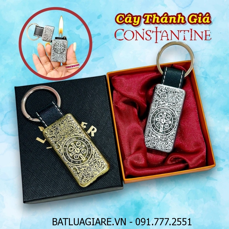 BẬT LỬA GAS ĐÁ MÓC KHÓA HÌNH CÂY THÁNH GIÁ TRỪ TÀ CONSTANTINE (CÓ HỘP) - (XÀI GAS)