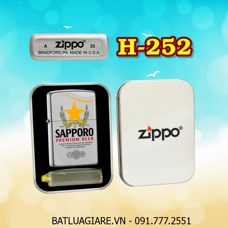 BẬT LỬA ZIPPO SƠN TĨNH ĐIỆN 2 MẶT HÌNH LOGO BIA SAPPORO (CÓ MỘC ĐÁY) (HỘP THIẾC KÈM XĂNG) H-252