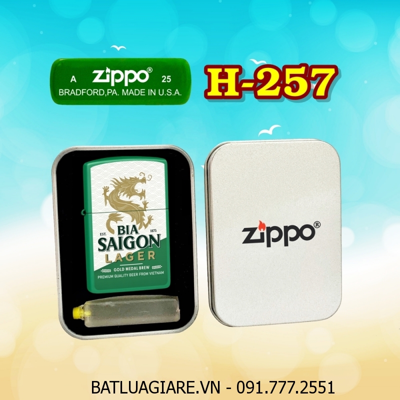 BẬT LỬA ZIPPO SƠN TĨNH ĐIỆN 2 MẶT HÌNH LOGO BIA SÀI GÒN LAGER (CÓ MỘC ĐÁY) (HỘP THIẾC KÈM XĂNG) H-257