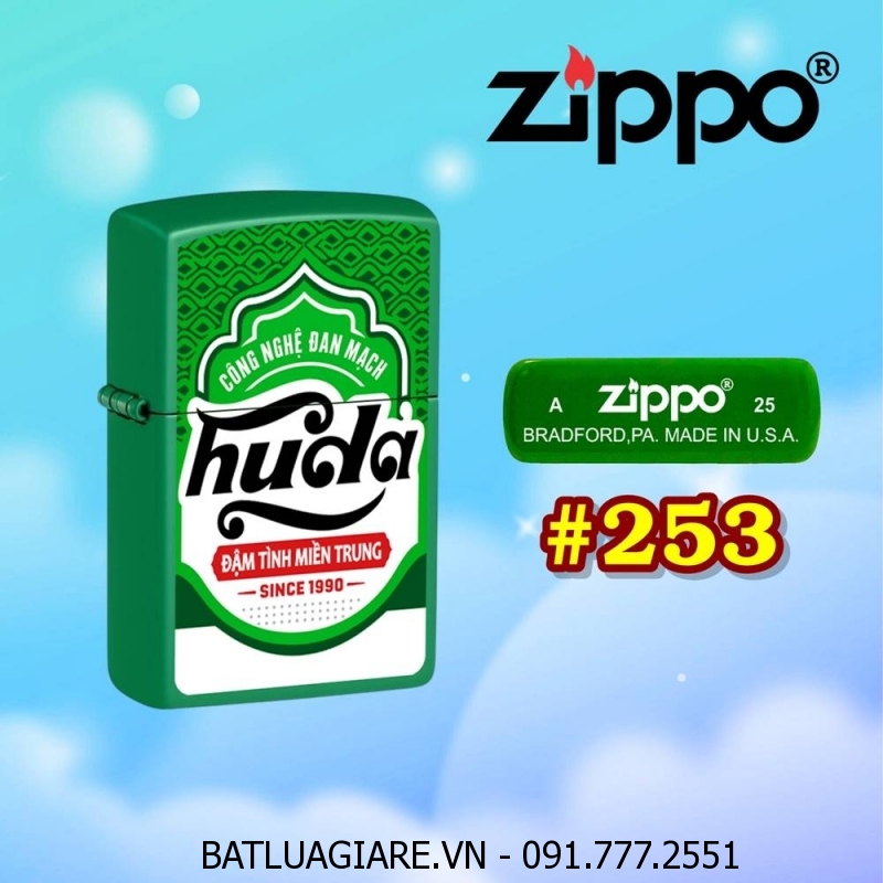 BẬT LỬA ZIPPO SƠN TĨNH ĐIỆN 2 MẶT HÌNH LOGO BIA HUDA (CÓ MỘC ĐÁY) - (XÀI XĂNG) #253