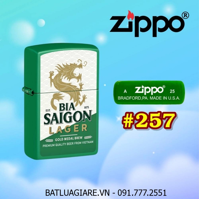 BẬT LỬA ZIPPO SƠN TĨNH ĐIỆN 2 MẶT HÌNH LOGO BIA SÀI GÒN LAGER (CÓ MỘC ĐÁY) - (XÀI XĂNG) #257
