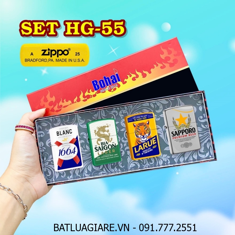 BỘ 4 BẬT LỬA ZIPPO SƠN TĨNH ĐIỆN 2 MẶT HÌNH LOGO BIA CÁC KIỂU (CÓ MỘC ĐÁY) (HỘP GIẤY) - (XÀI XĂNG) #SET HG-55