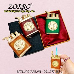 BẬT LỬA KHÈ ZORRO Z854 HÌNH PHẬT DI LẶC BỌC DA (CÓ HỘP) - (XÀI GAS)