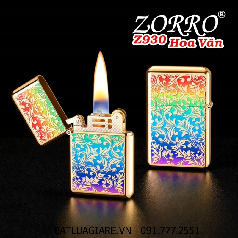 BẬT LỬA XĂNG ĐÁ ZORRO Z930 HÌNH HOA VĂN SƠN MÀU DẬP NỔI 2 MẶT - (XÀI XĂNG)