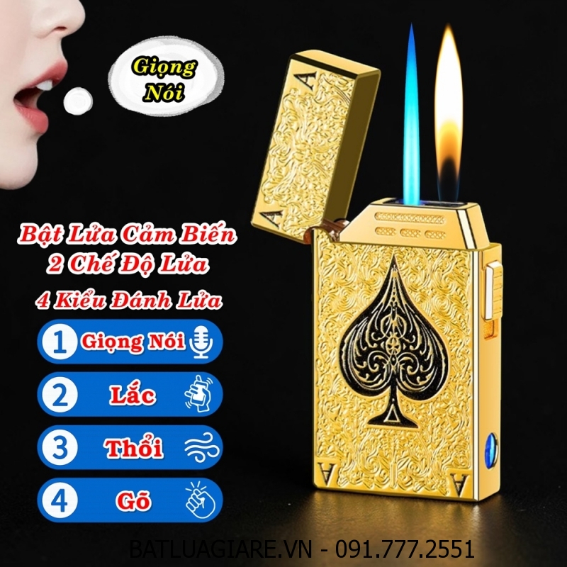 BẬT LỬA CẢM BIẾN GIỌNG NÓI 2 CHẾ ĐỘ LỬA HÌNH LÁ BÀI (CÓ 4 KIỂU ĐÁNH LỬA) (FULLBOX) - (XÀI GAS + SẠC ĐIỆN)