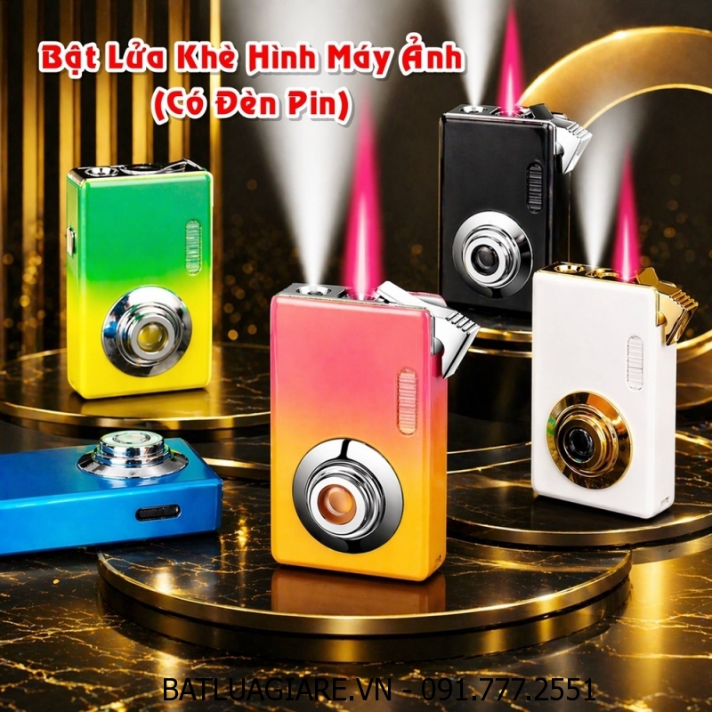 BẬT LỬA KHÈ HÌNH MÁY ẢNH - MÁY CHỤP HÌNH (CÓ ĐÈN PIN) KIM LOẠI - (XÀI GAS)