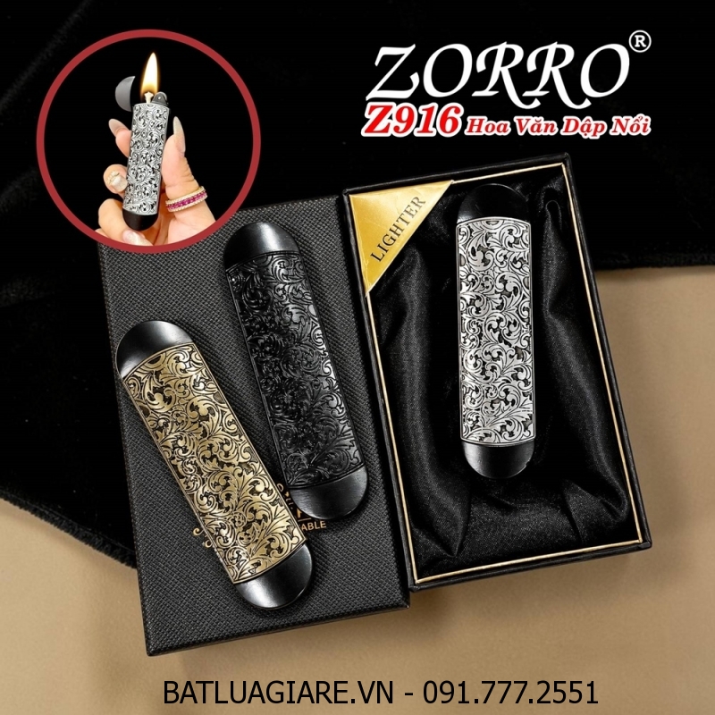 BẬT LỬA XĂNG ĐÁ ZORRO Z916 HÌNH HOA VĂN DẬP NỔI 2 MẶT (CÓ HỘP) - (XÀI XĂNG)