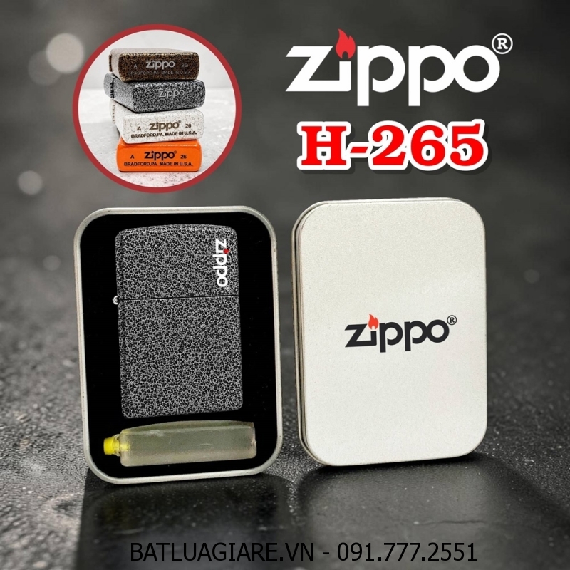 BẬT LỬA ZIPPO SƠN KIỂU NHAM THẠCH MÀU BẠC ĐEN (CÓ MỘC ĐÁY) - (HỘP THIẾC KÈM XĂNG) H-265
