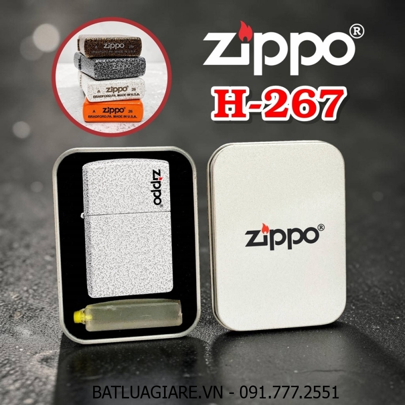 BẬT LỬA ZIPPO SƠN KIỂU NHAM THẠCH MÀU TRẮNG (CÓ MỘC ĐÁY) - (HỘP THIẾC KÈM XĂNG) H-267