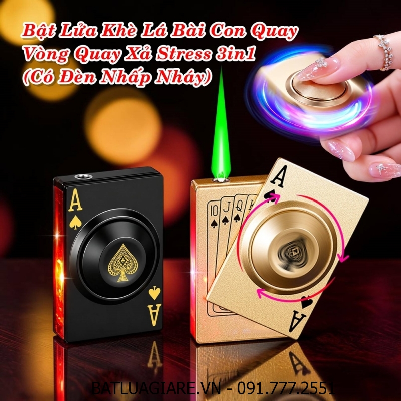 BẬT LỬA KHÈ LÁ BÀI CON QUAY - LÁ BÀI VÒNG QUAY XẢ STRESS 3IN1 (CÓ ĐÈN NHẤP NHÁY) - (XÀI GAS)