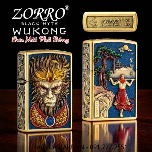 BẬT LỬA ZIPPO ZORRO HÌNH WUKONG SƠN MÀI PHỦ BÓNG DẬP NỔI 6 MẶT (BLACK MYTH: WUKONG) (FULLBOX) - (XÀI XĂNG)