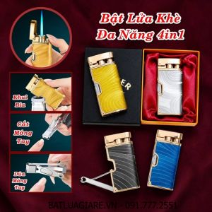 BẬT LỬA KHÈ ĐA NĂNG 4IN1 - BẬT LỬA, KHUI BIA, CẮT MÓNG TAY, DŨA MÓNG TAY (CÓ HỘP) - (XÀI GAS)