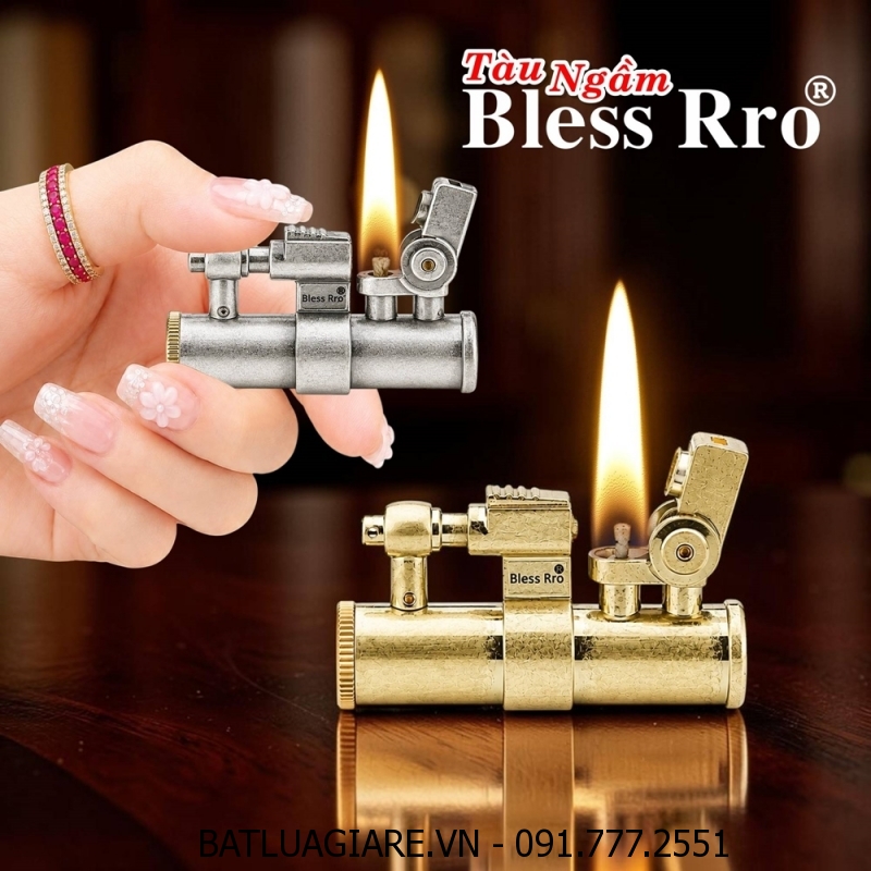 BẬT LỬA XĂNG ĐÁ BLESS RRO KIỂU TÀU NGẦM KIM LOẠI NGUYÊN KHỐI (FULLBOX) - (XÀI XĂNG)