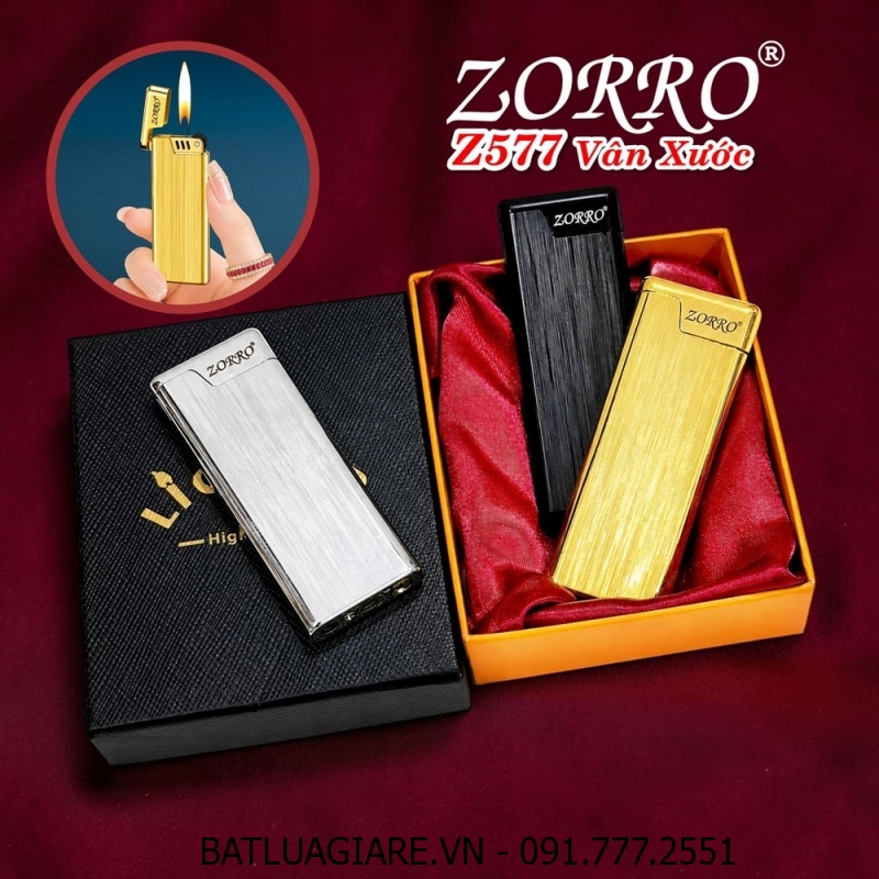 BẬT LỬA ZORRO Z577 VÂN XƯỚC DÀI SIÊU MỎNG (CÓ HỘP) - (XÀI GAS)