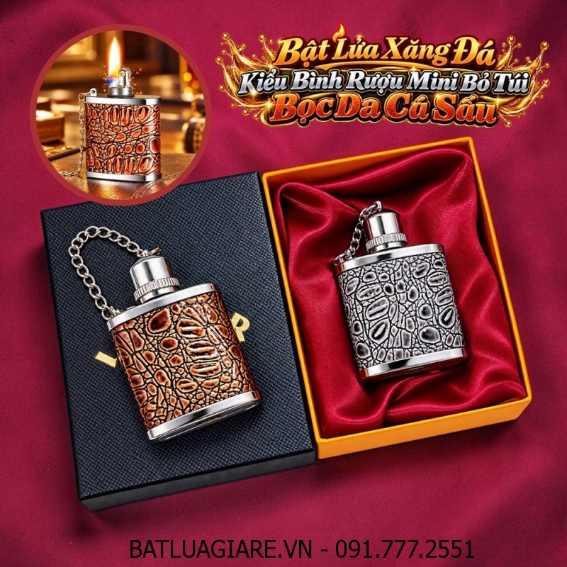 BẬT LỬA XĂNG ĐÁ KIỂU BÌNH RƯỢU MINI BỎ TÚI BỌC DA CÁ SẤU (BÌNH RƯỢU HIP FLASK) KIM LOẠI (CÓ HỘP) - (XÀI XĂNG)