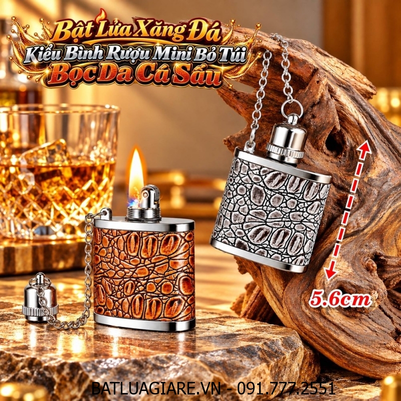 BẬT LỬA XĂNG ĐÁ KIỂU BÌNH RƯỢU MINI BỎ TÚI BỌC DA CÁ SẤU (BÌNH RƯỢU HIP FLASK) KIM LOẠI - (XÀI XĂNG)