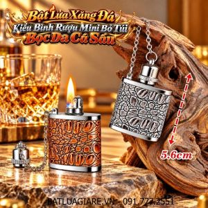 BẬT LỬA XĂNG ĐÁ KIỂU BÌNH RƯỢU MINI BỎ TÚI BỌC DA CÁ SẤU (BÌNH RƯỢU HIP FLASK) KIM LOẠI - (XÀI XĂNG)