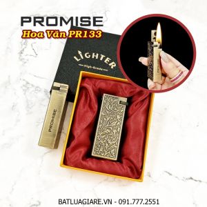 BẬT LỬA XĂNG ĐÁ PROMISE PR133 ĐÁNH LỬA NGANG HOA VĂN DẬP NỔI (KIM LOẠI NGUYÊN KHỐI) (CÓ HỘP) - (XÀI XĂNG)