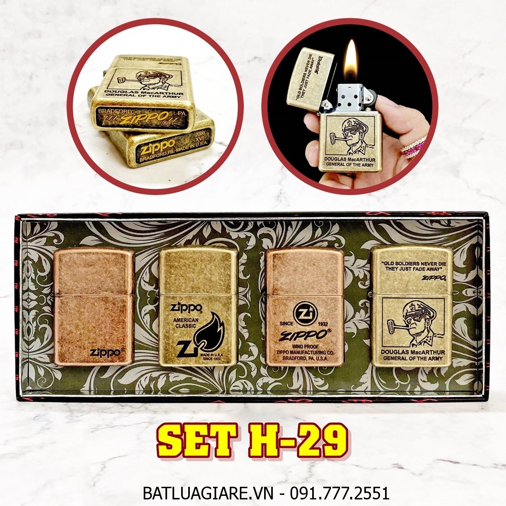 BỘ 4 BÂT LỬA ZIPPO VÀNG CỔ - ĐỒNG CỔ CÁC KIỂU - (XÀI XĂNG) SET H-29