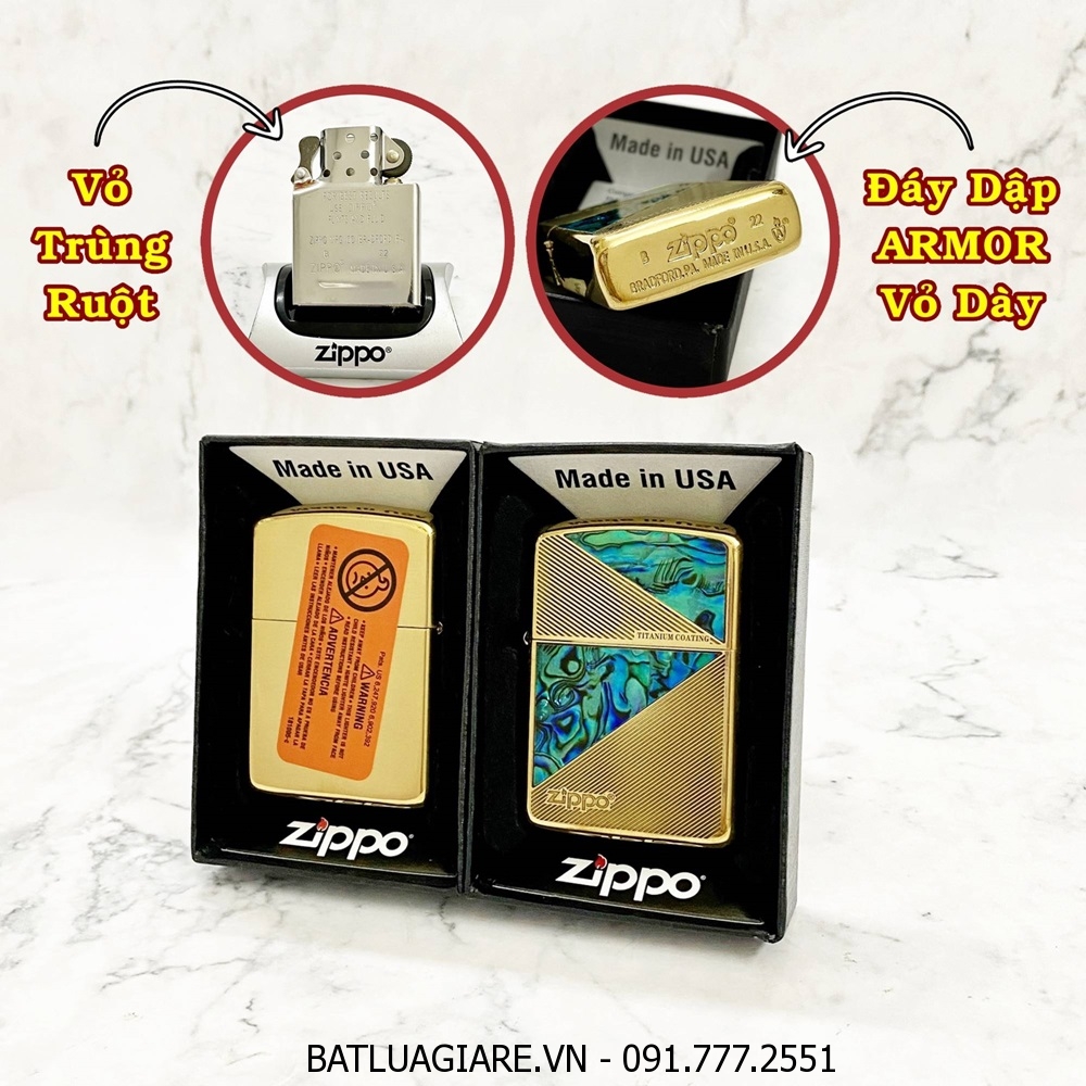 BẬT LỬA ZIPPO MỸ KHẢM XÀ CỪ TITANIUM COATING (ZIPPO ARMOR VỎ DÀY) - RUỘT USA (CÓ TEM ĐỎ) - (XÀI XĂNG)