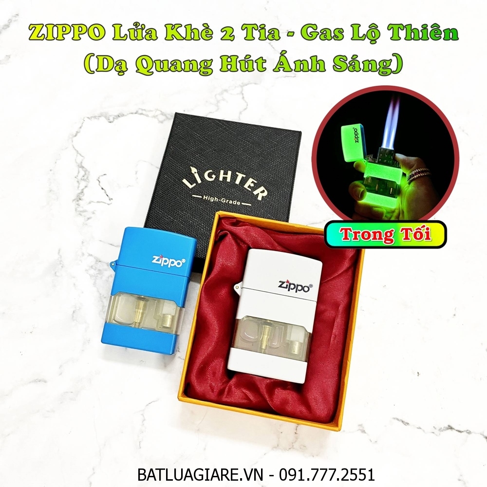 BẬT LỬA ZIPPO LỬA KHÈ 2 TIA - GAS LỘ THIÊN - DẠ QUANG HÚT ÁNH SÁNG (CÓ HỘP) - (XÀI GAS)