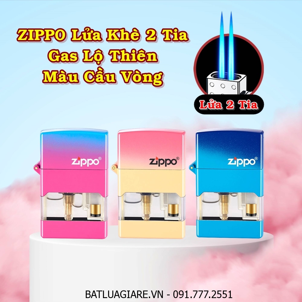 BẬT LỬA ZIPPO LỬA KHÈ 2 TIA - GAS LỘ THIÊN MÀU CẦU VÒNG - (XÀI GAS)