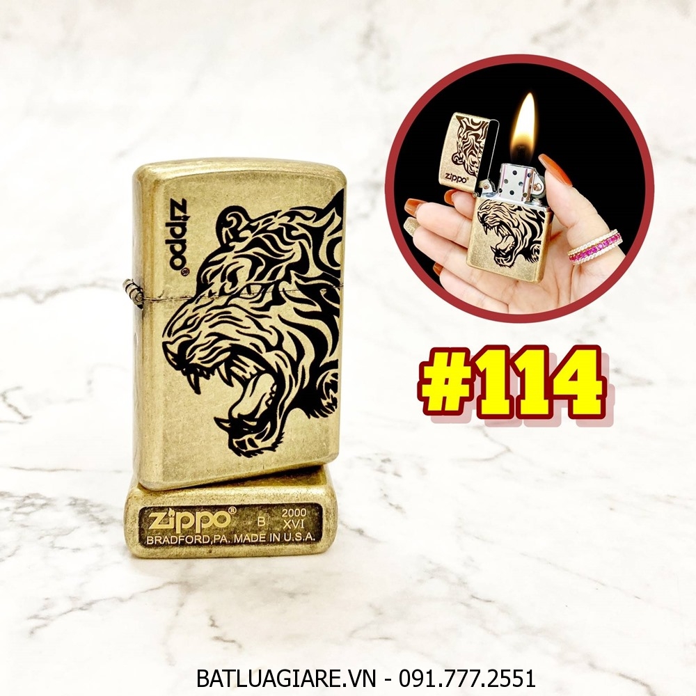 BẬT LỬA ZIPPO VÀNG CỔ HÌNH ĐẦU HỔ (CÓ MỘC ĐÁY) - (XÀI XĂNG) #114