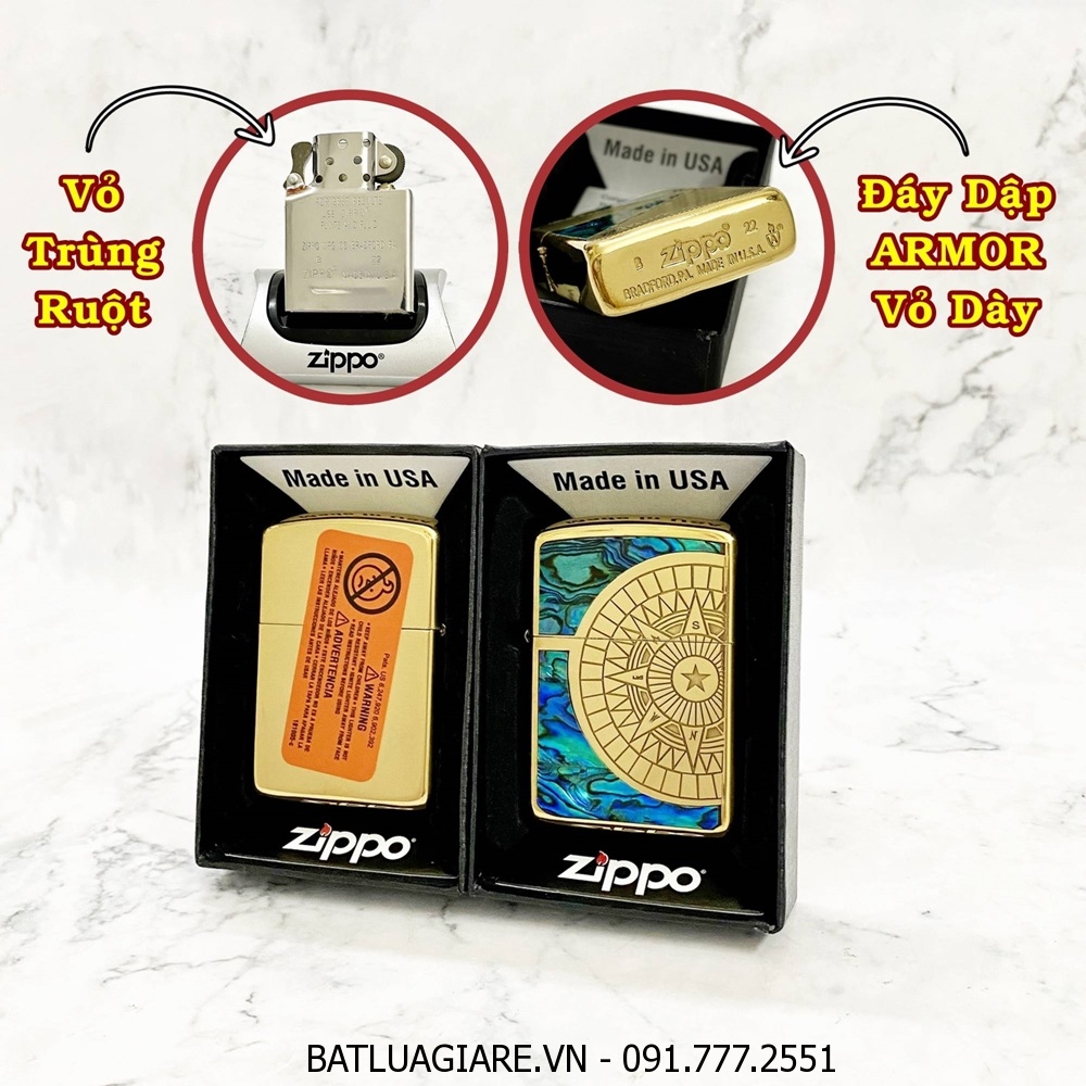 BẬT LỬA ZIPPO MỸ KHẢM XÀ CỪ HÌNH LA BÀN LỚN (ZIPPO ARMOR VỎ DÀY) - RUỘT USA (CÓ TEM ĐỎ) - (XÀI XĂNG)