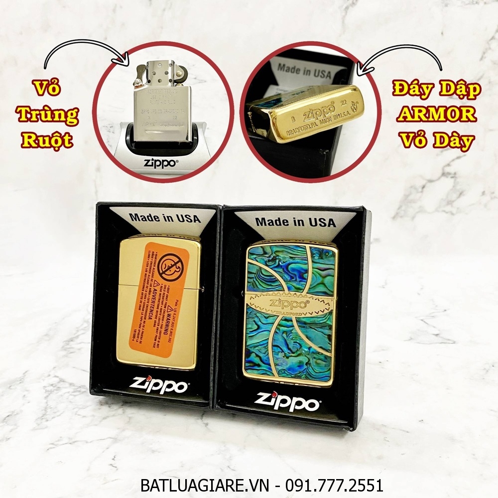 BẬT LỬA ZIPPO MỸ KHẢM XÀ CỪ BRADFORD (ZIPPO ARMOR VỎ DÀY) - RUỘT USA (CÓ TEM ĐỎ) - (XÀI XĂNG)